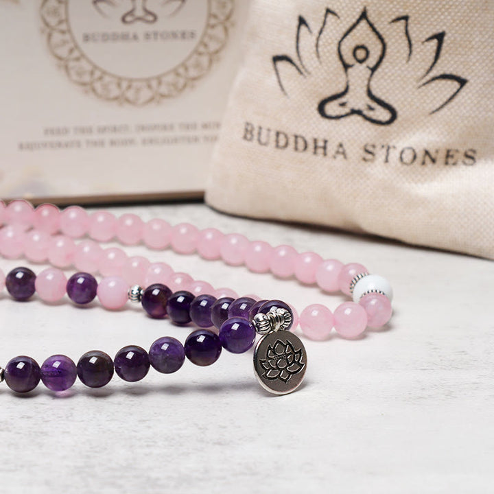 Buddha Stones天然ローズクォーツ＆アメジストMalaビーズ ロータスペンダントブレスレット
