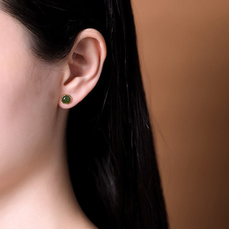 Buddha Stones 925スターリングシルバー ゴールドメッキ 天然和田翡翠ビーズ 幸運のスタッドピアス - image 6