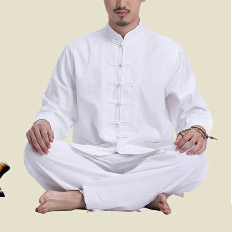 Buddha Stones中国風 カエル ボタンデザイン 瞑想 祈り コットン リネン スピリチュアル 禅 練習 ヨガ ウェア メンズ セット - image 12