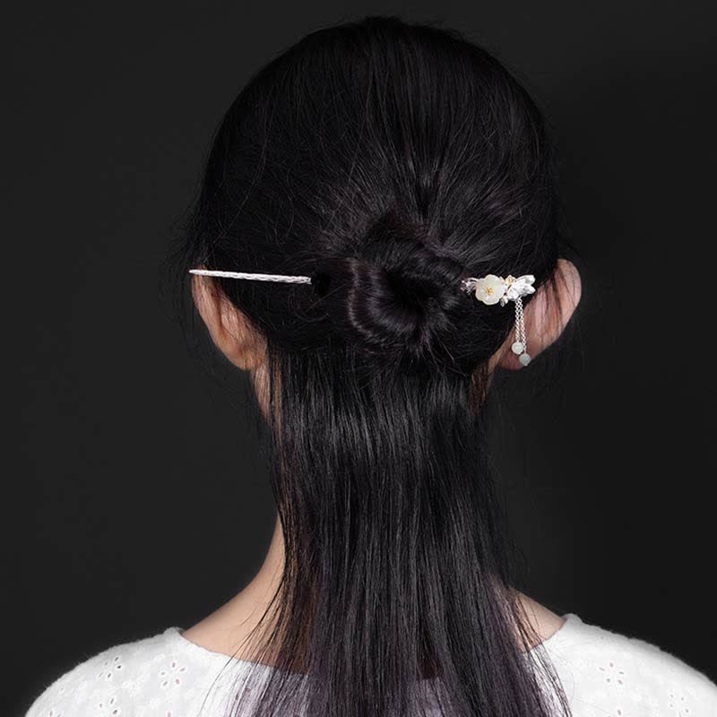 925スターリングシルバーの和田白翡翠の花の祝福のヘアピン