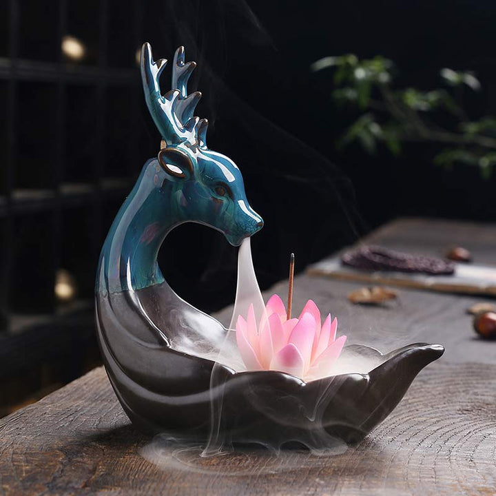 Buddha Stones小さな鹿 陶器 蓮 瞑想 香炉 装飾