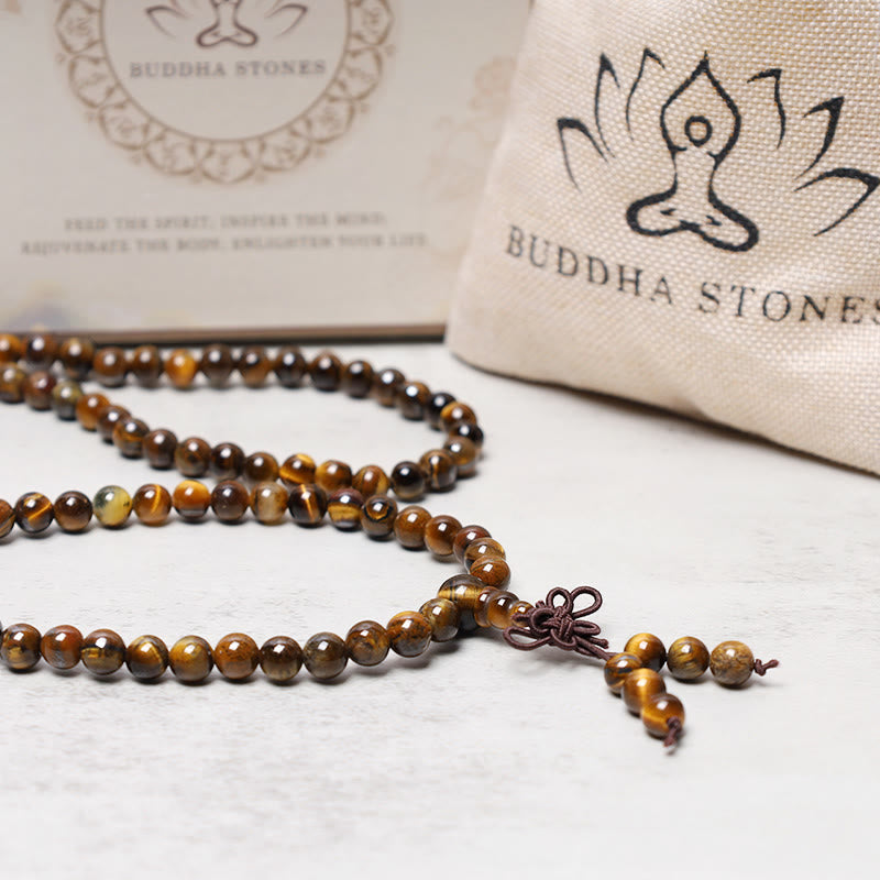 Buddha Stonesチベット 108 天然タイガーアイ 宝石ビーズ 祈りのMalaブレスレットネックレス