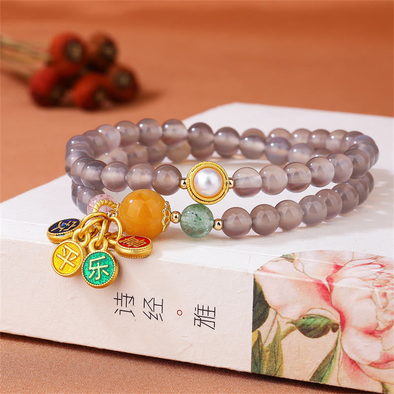 Buddha Stones天然グレーアゲート 平和と喜びのチャームバランス ダブルラップブレスレット