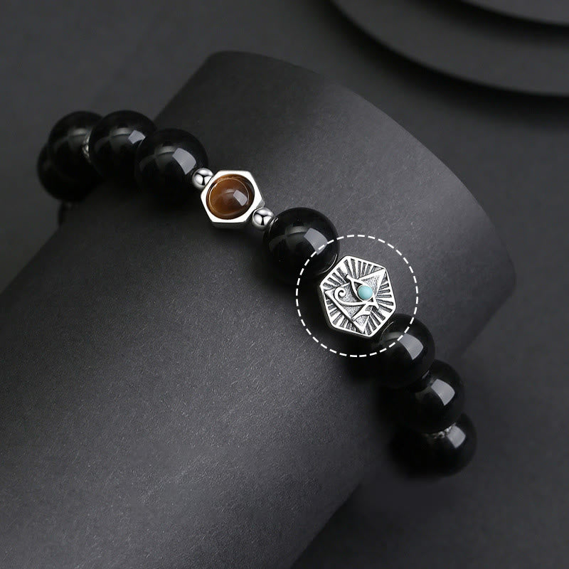 Buddha Stones925 スターリングシルバー ブラックオブシディアン タイガーアイ プロビデンスの目 浄化ブレスレット