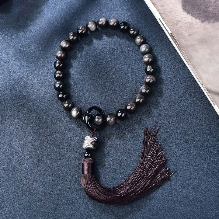 Buddha Stones天然銀光沢黒曜石 ライオン手首Mala保護タッセル ポケットMala車装飾