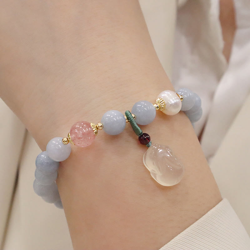 Buddha Stones天然アクアマリン カルセドニー セレニティ ウサギ ひょうたん 猫 チャームブレスレット - アクアマリンカルセドニーウサギ - image 2