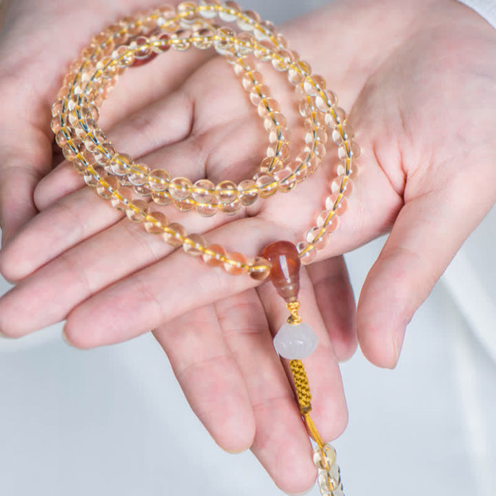 Buddha Stones 108Malaビーズ 925 スターリングシルバー 天然シトリン 赤瑪瑙 白翡翠 繁栄のチャームブレスレット
