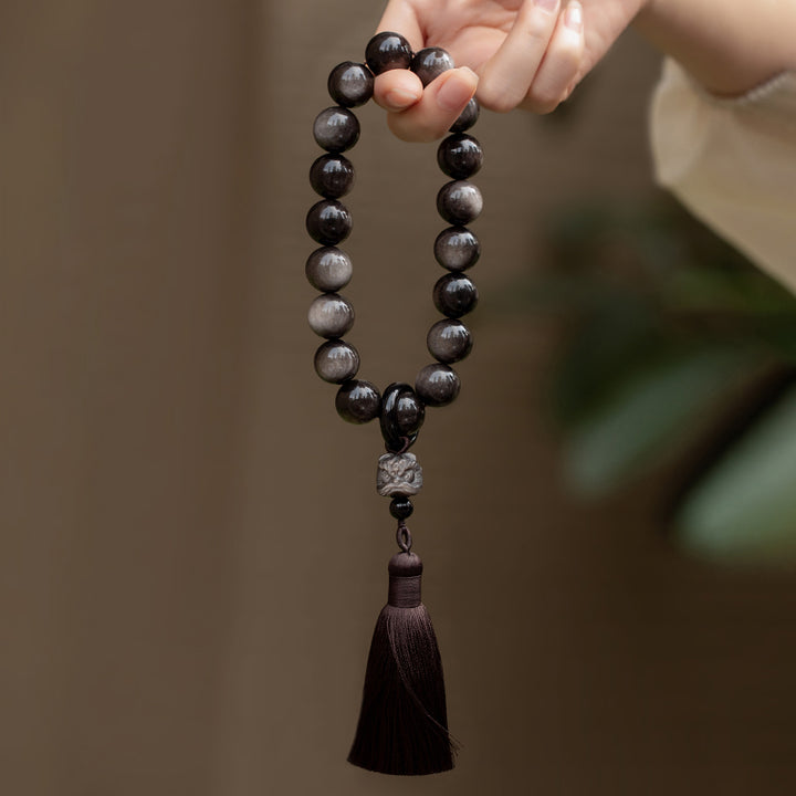 Buddha Stones天然銀光沢黒曜石 黒曜石 ライオン手首Mala保護タッセル ポケットMala車の装飾
