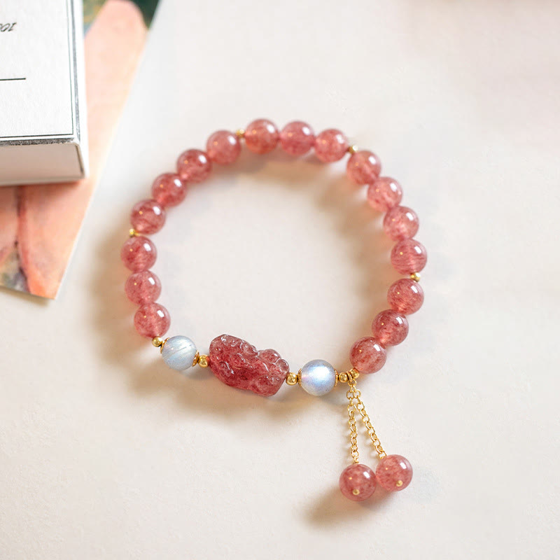 Buddha Stones天然ストロベリークォーツ ムーンストーン 貔貅 愛のヒーリングブレスレット