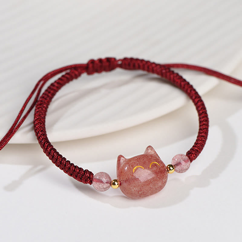 Buddha Stonesハンドメイド 天然銀光沢黒曜石 ストロベリークォーツ かわいい猫のお守り編み込みブレスレット - image 9