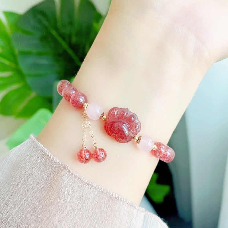 Buddha Stones天然ストロベリークォーツ ピンククリスタル ラッキーキャットポー ラブブレスレット - image 3