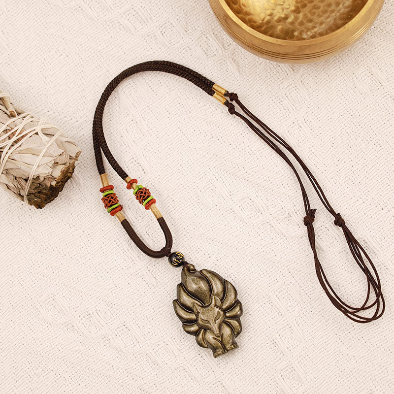 Buddha Stones天然レインボーオブシディアン ゴールドシーンオブシディアン 九尾狐 ポジティブネックレスペンダント