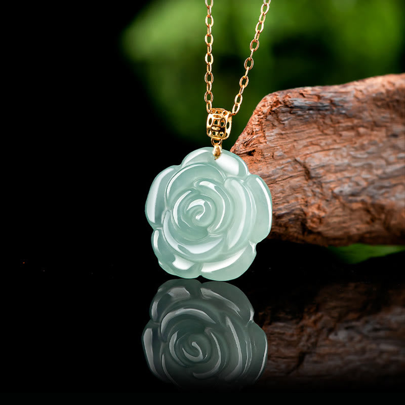 Buddha Stones 18Kゴールドバックル 925スターリングシルバーチェーン 天然翡翠 ローズ 幸運のネックレスペンダント - image 4