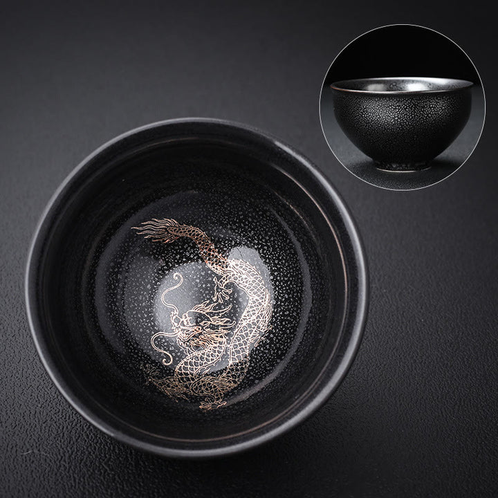 Buddha Stones 金箔中国風建瞻龍鳳蓮観音鯉陶器茶碗天目功夫茶碗 - image 1