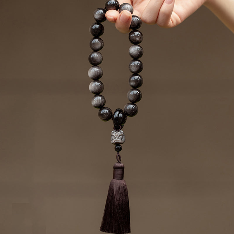 Buddha Stones天然銀光沢黒曜石 黒曜石 ライオン手首Mala保護タッセル ポケットMala車の装飾
