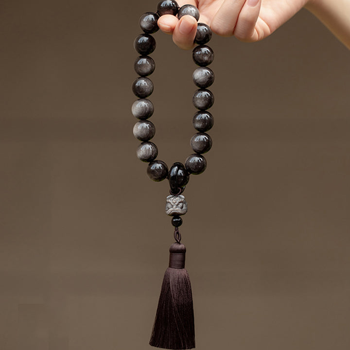 Buddha Stones天然銀光沢黒曜石 黒曜石 ライオン手首Mala保護タッセル ポケットMala車の装飾