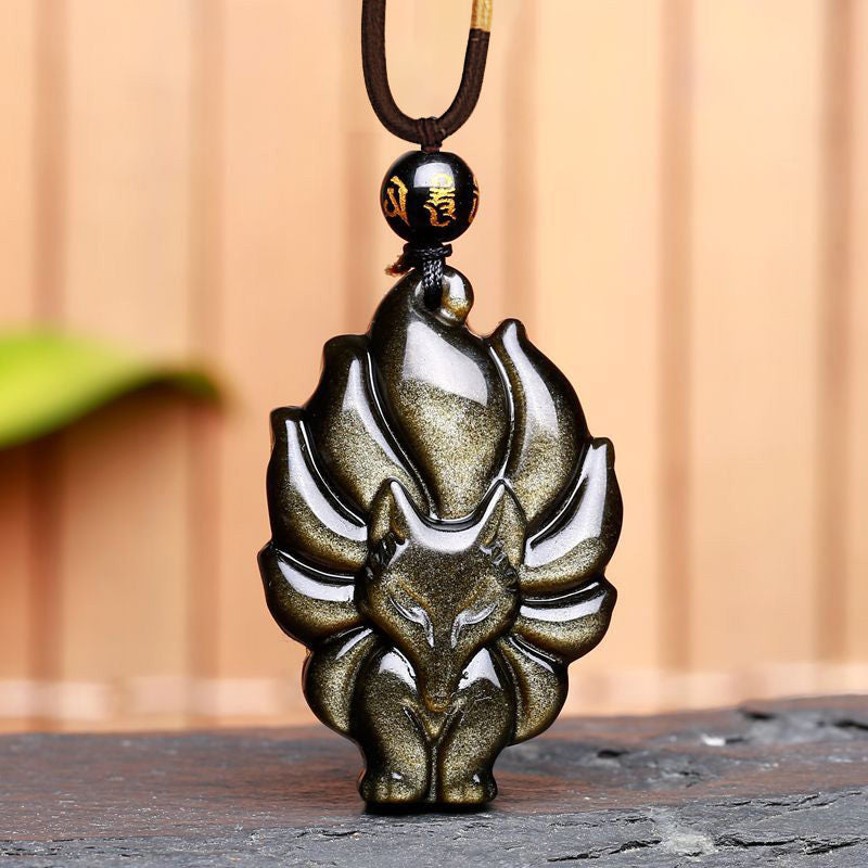 Buddha Stones天然レインボーオブシディアン ゴールドシーンオブシディアン 九尾狐 ポジティブネックレスペンダント