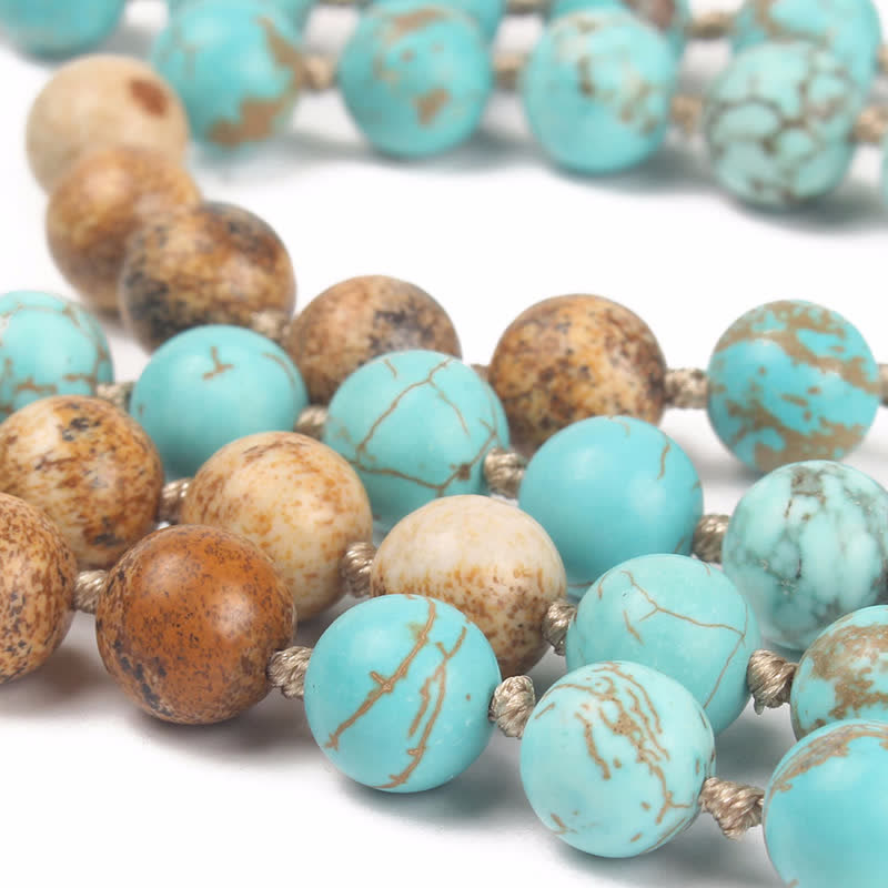Buddha Stones108個入りMalaビーズ ターコイズ ピクチャージャスパー ウィズダムタッセルブレスレット