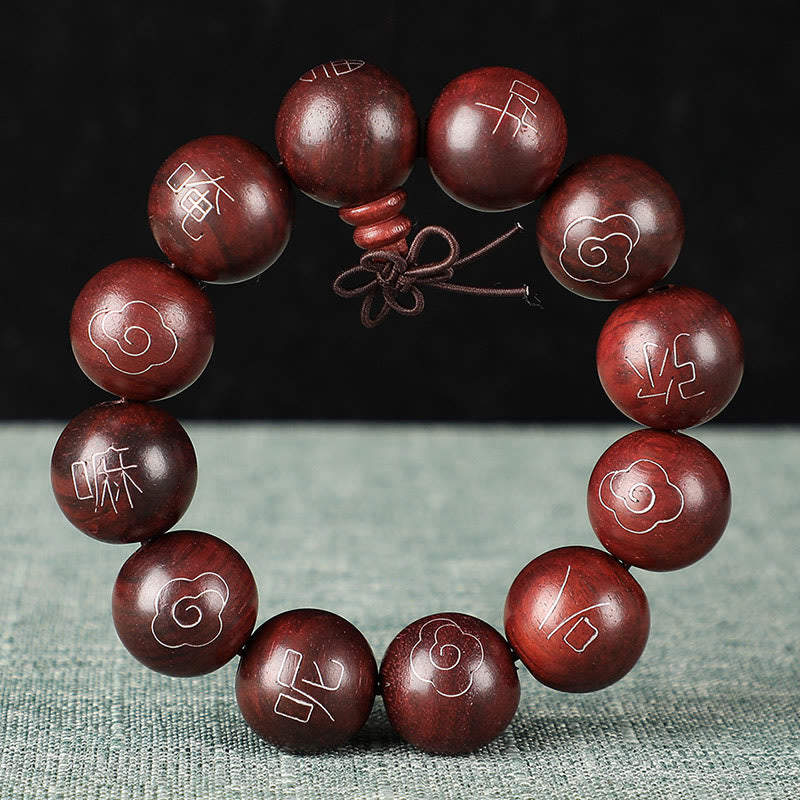 Buddha Stones925 スターリングシルバー 象嵌小葉 赤白檀Om Mani Padme Humキャラクター 縁起の良い雲 保護ブレスレット