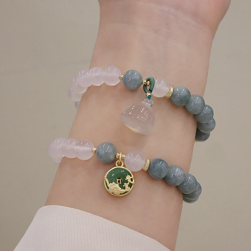 Buddha Stones白瑪瑙 翡翠 蓮の花 平和バックル 守護ブレスレット