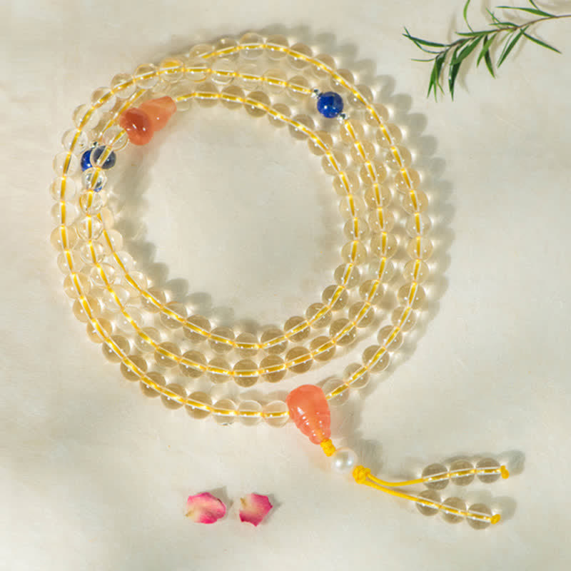 Buddha Stones 108Malaビーズ 925 スターリングシルバー 天然シトリン 赤瑪瑙 白翡翠 繁栄のチャームブレスレット