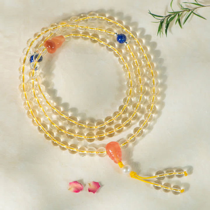 Buddha Stones 108Malaビーズ 925 スターリングシルバー 天然シトリン 赤瑪瑙 白翡翠 繁栄のチャームブレスレット