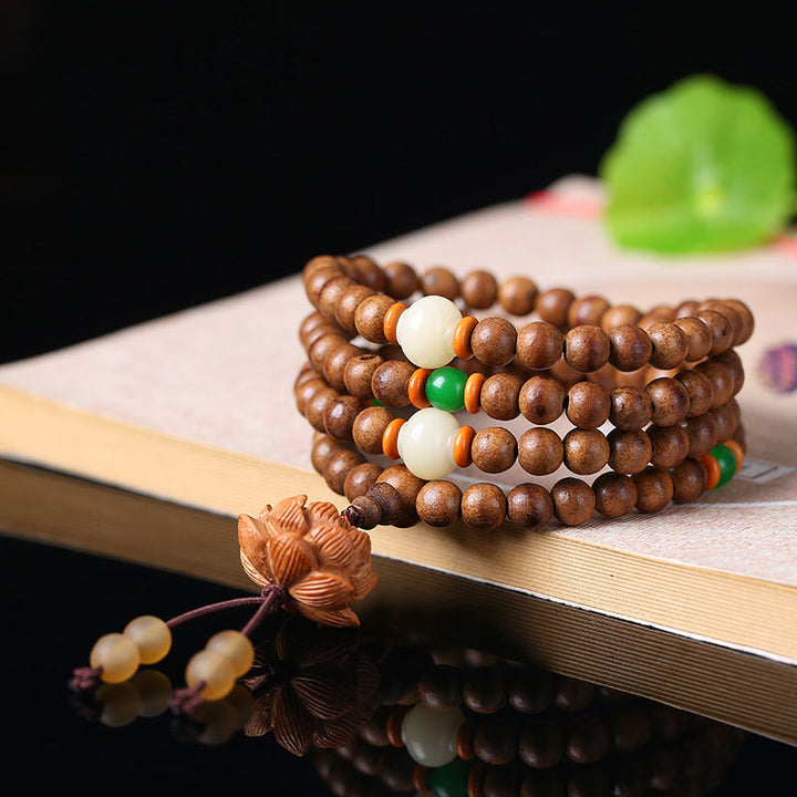 Buddha Stones108 個入りMalaビーズ 桃の木 菩提樹 蓮 祈り 瞑想 ブレスレット