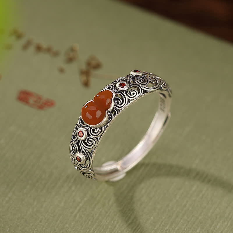 925スターリングシルバーの赤瑪瑙とシアン翡翠のひょうたんの祝福の縁起の良いリング