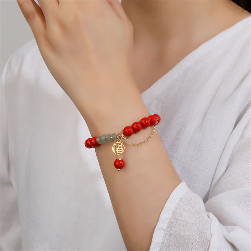 Buddha Stones辰砂 縁起の良い福の字 翡翠 落ち着いたブレスレット